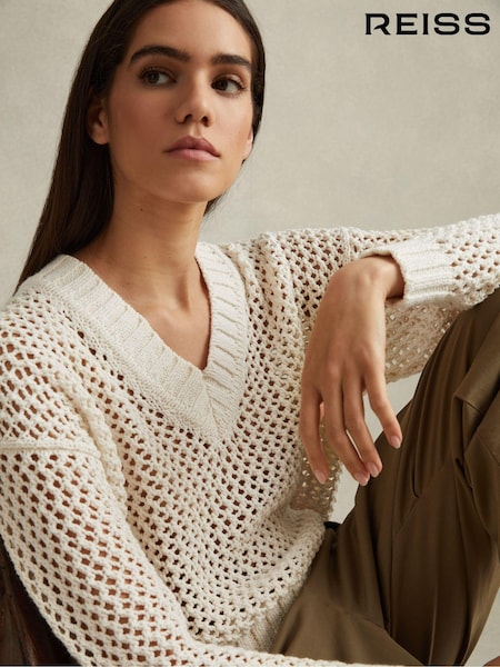 Reiss Ivory Larissa Linen Cotton Open Stitch Jumper (N69356) | €195