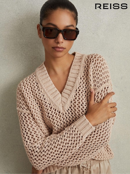 Tummanruskea - Reiss Larissa Linen Cotton Open Stitch Jumper (N69360) | €217