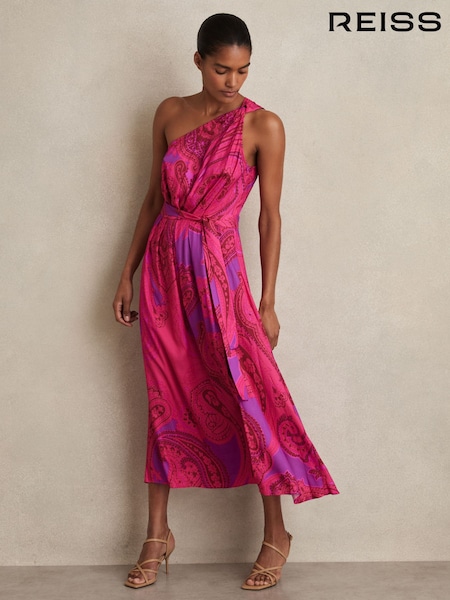 Reiss Pink Oe Mila Paisley-Print One-Shoulder Midi Dress (N69384) | €285