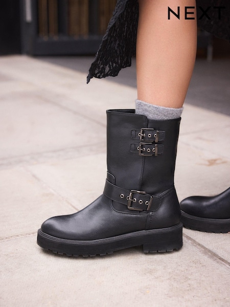 Black Standard/Wide Fit Forever Comfort® Buckle Biker Ankle Boots (N69839) | AED96