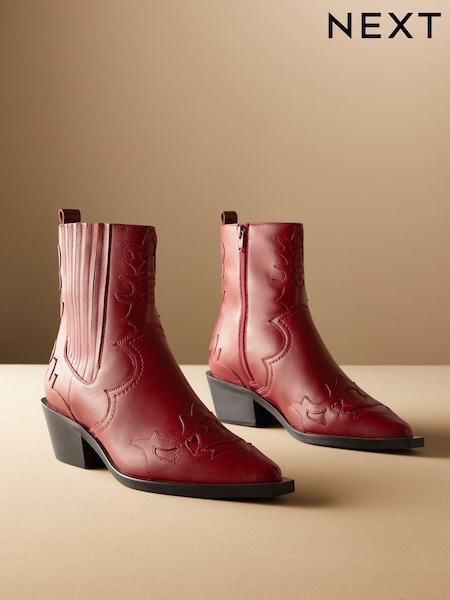 Red Premium Leather Ankle Western Cowboy Boots (N69851) | €57