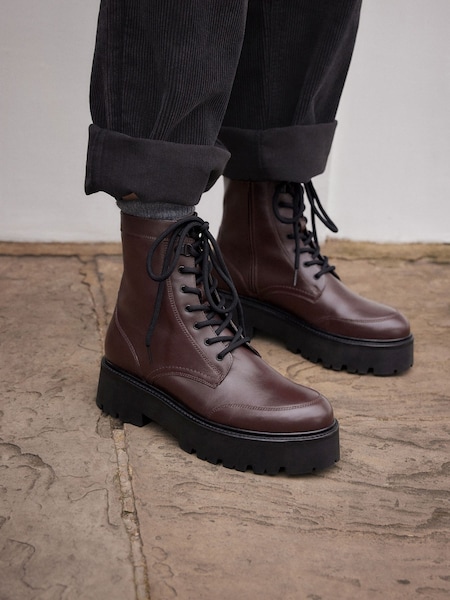 Burgundy Red Signature Leather Forever Comfort® Chunky Lace Up Boots (N69852) | €47