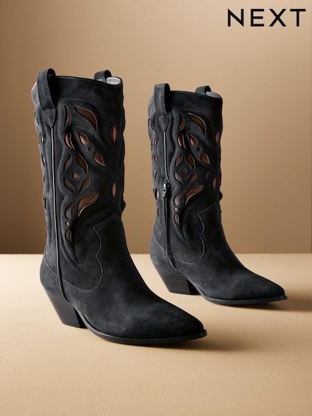 Navy Premium Suede Cut Out Detail Western Cowboy Boots (N69857) | AED230