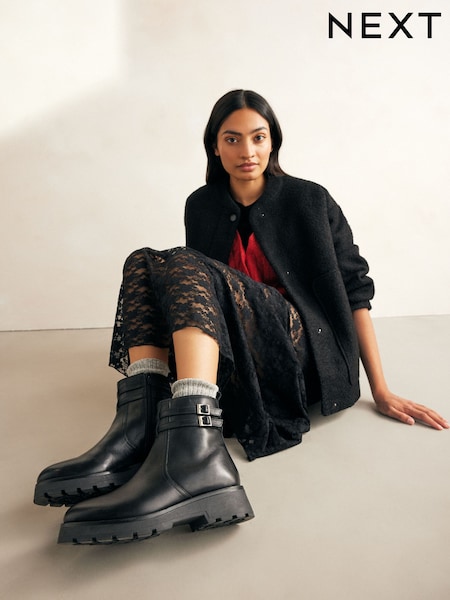 Black Forever Comfort® Chelsea Buckle Leather Ankle Boots (N69859) | AED136