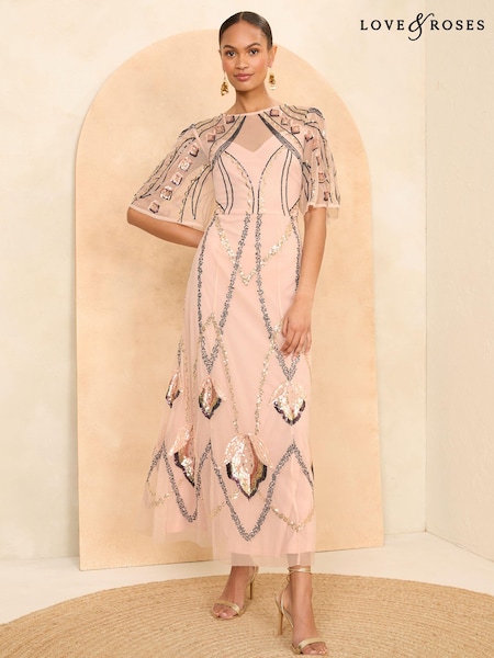 Love & Roses Embellished Angel Sleeve Midi Dress (N69893) | 458 LEI