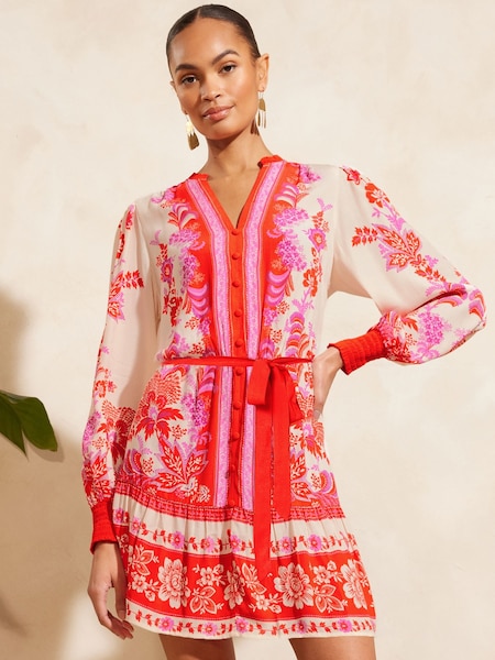 Red Paisley - V&A | Love & Roses Printed V Neck Belted Mini Dress (N69914) | 214 LEI