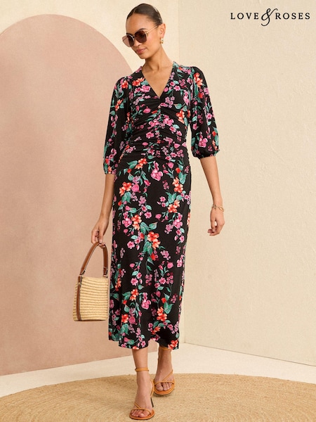 Love & Roses Black Floral Ruched 3/4 Sleeve Jersey Midi Dress (N69928) | €17