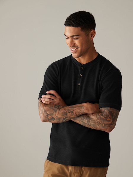 Black Short Sleeve Grandad Collar 100% Cotton T-Shirt (N70000) | € 13