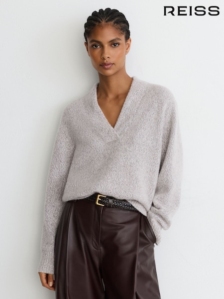 Grey - Reiss Nova Cashmere-blend Bouclé V-neck Jumper