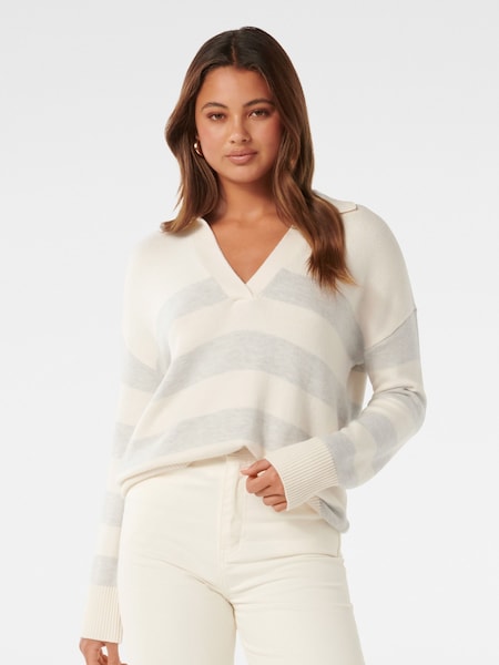 Forever New White Nicole Striped Polo Collar Jumper (N70233) | €38