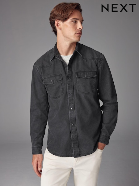 שחור - Denim Western 100% Cotton Long Sleeve Shirt (N70706) | ‏121‏₪