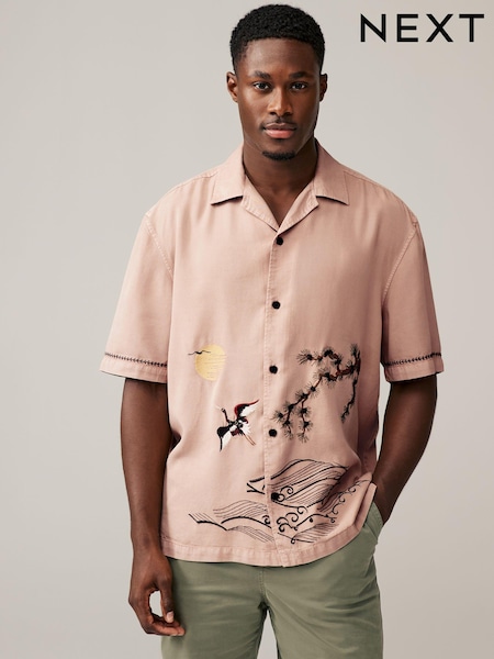 Ecru, Weiß - TENCEL™ Kurzarmhemd mit Stickerei (N70789) | 24 €