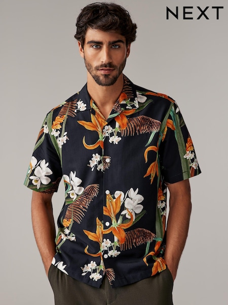 Negru - Kew Collection Floral Mânecă scurtă Cămăși (N70800) | 151 LEI