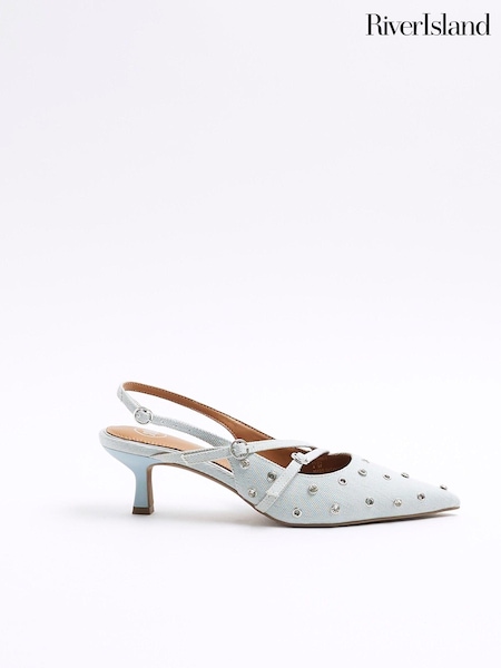 River Island Blue Denim Embelished Buckle Sling Back Court Shoes (N70863) | €27