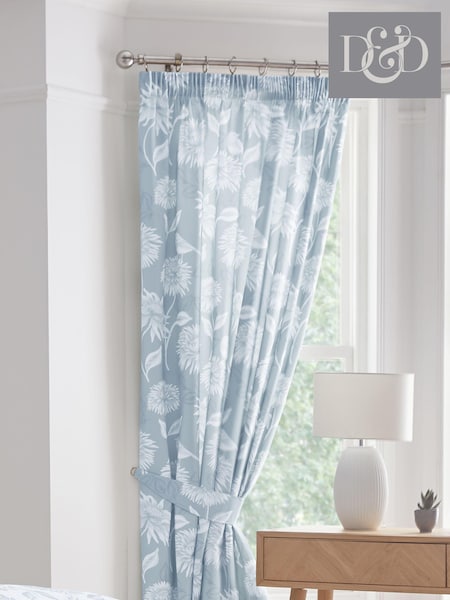 D&D Blue Chrysanthemum Lined Pair of Pencil Pleat Curtains (N70917) | $55