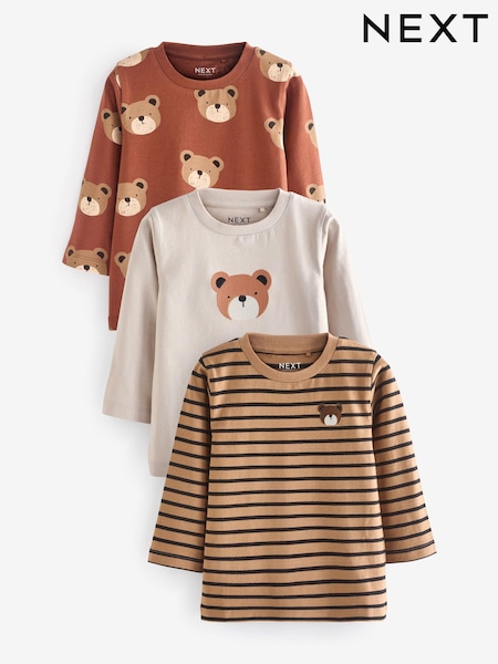Brown Long Sleeve Animal Print Character T-Shirts 3 Pack (3mths-7yrs) (N71069) | KRW37,600 - KRW47,000