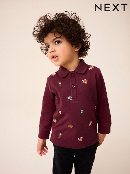 Burgundy Red Long Sleeve Quarter Zip 100% Cotton All-Over Embroidered Polo Shirt (3mths-7yrs) (N71077) | €7 - €8