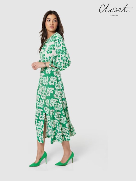 Closet London Green Print GatheNeck Midi Dress (N71109) | €36