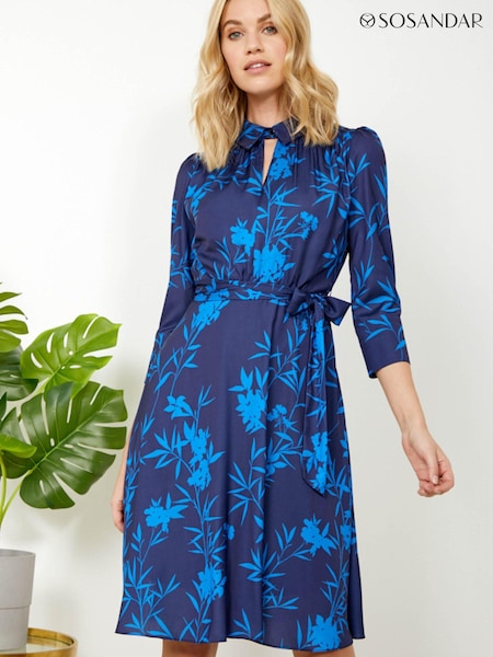Sosandar Blue Forest Sprig Collared Fit & Flare Dress (N71173) | €14.50