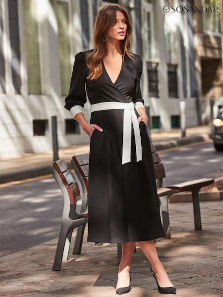 Sosandar Black Contrast Trim Belted Midi Jersey Wrap Dress (N71190) | 195 QAR