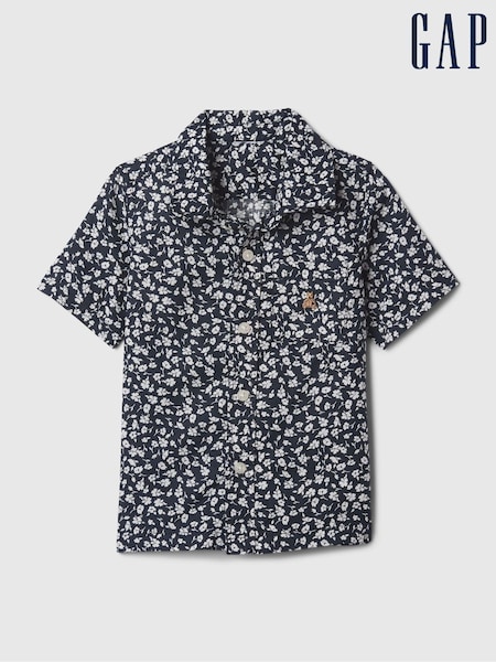 Gap Navy Blue Floral Brannan Bear Short Sleeve Print Linen Cotton Baby Shirt (12mths-5yrs) (N71469) | €8
