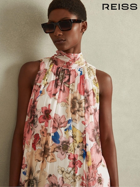 Reiss Cream/Pink Kady Floral Pleated Tie Neck Mini Dress (N71483) | €140