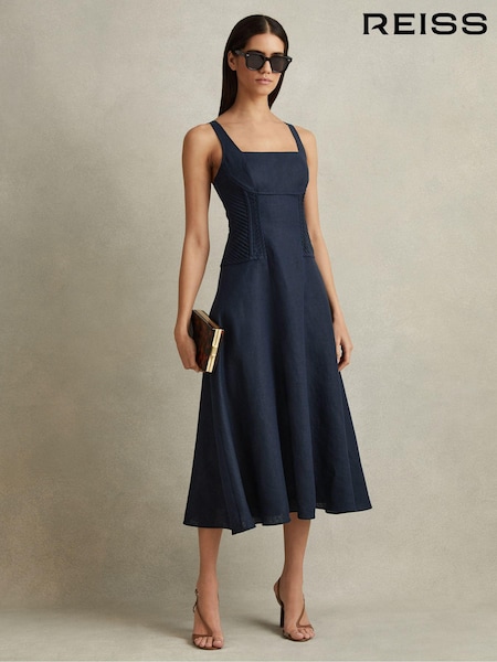 Reiss Etta 100% Linen Corset Midi Dress (N71539) | ‏1,443‏₪