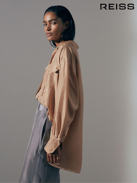 Reiss Camel Mirabelle Oversized Pocket Button-Through Shirt (N71541) | €140