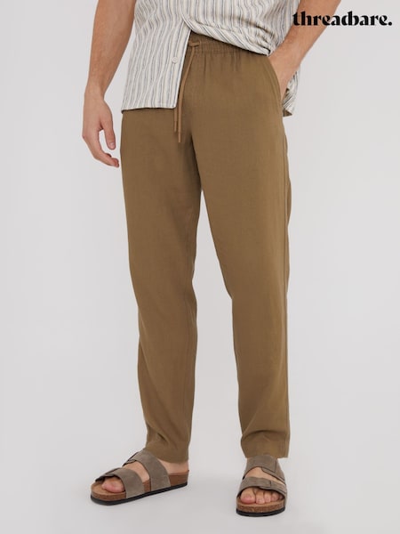 Threadbare Brown Linen Blend Drawcord Trousers (N71631) | AED186