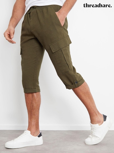 Threadbare Khaki Linen Blend 3/4 Length Cargo Trousers (N71648) | 69 QAR