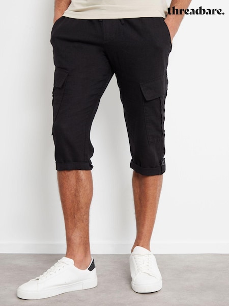 Threadbare Black Linen Blend 3/4 Length Cargo Trousers (N71664) | AED96