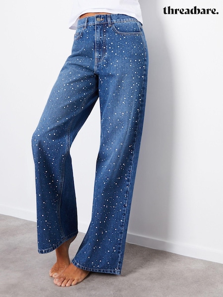 Threadbare Blue Embellished Wide Leg Denim 100% Cotton Jeans (N71681) | €44