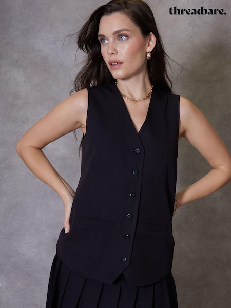 Threadbare Black Longline Fitted Tailored Waistcoat (N71699) | €22