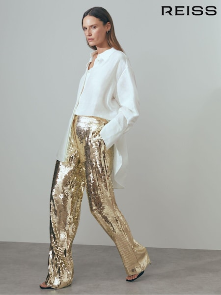 Reiss Gold Celia Atelier Sequin Wide Leg Trousers (N71808) | 2,095 QAR