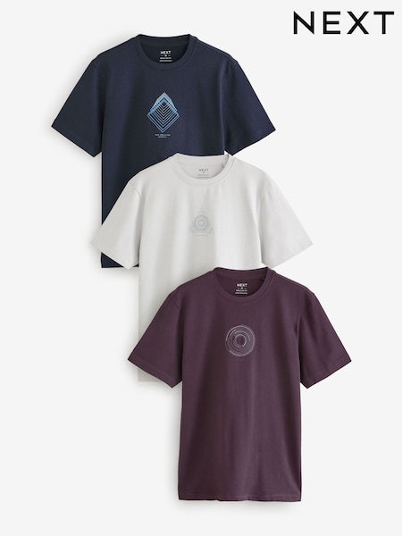 Navy Blue/Burgundy Red/Grey Relaxed Fit Graphic Print Heavyweight 100% Cotton T-Shirt (N71823) | €37