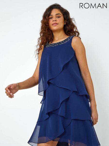 Roman Blue Bead Embellished Tiered Chiffon Dress (N71897) | €47.50