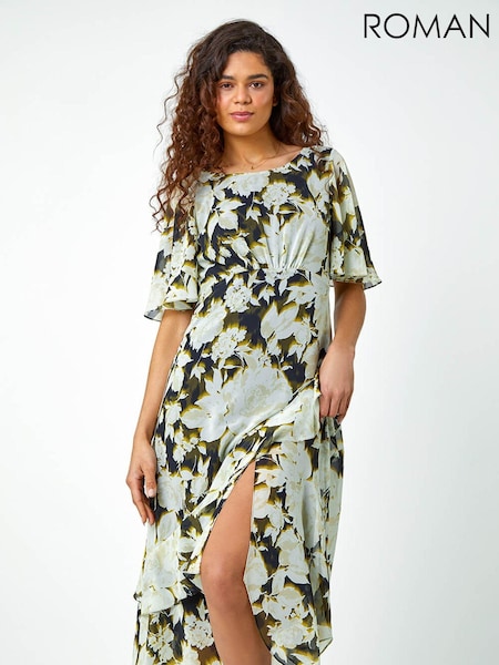 Roman Green Floral Print Chiffon Tiered Midi Dress (N71898) | €38