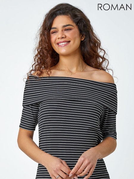 Roman Black Stripe Ribbed Stretch Bardot Top (N71901) | €20