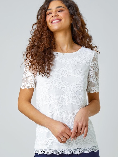 Roman White Floral Stretch Lace Top (N71921) | R$ 385