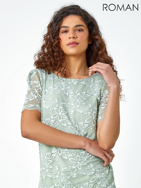 Roman Green Floral Stretch Lace Top (N71924) | €46