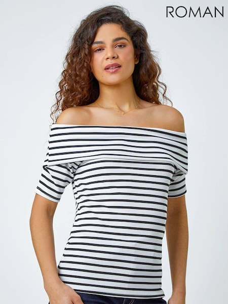 Roman White Stripe Ribbed Stretch Bardot Top (N71934) | €20