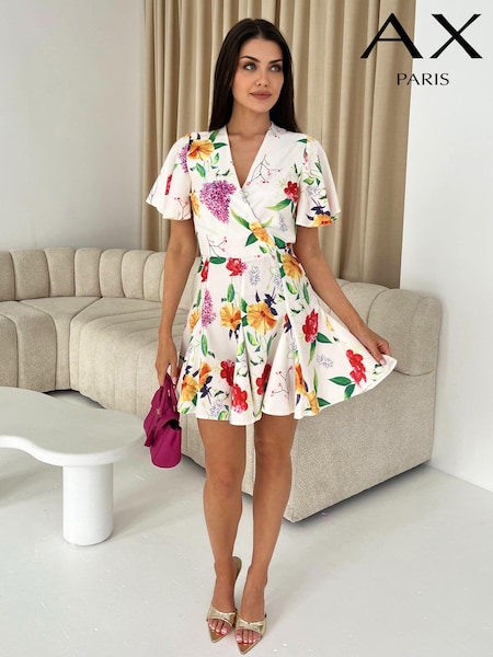 Cream - Paris Floral Imprimeu petrecut în față Mini Rochie (N72074) | 161 LEI