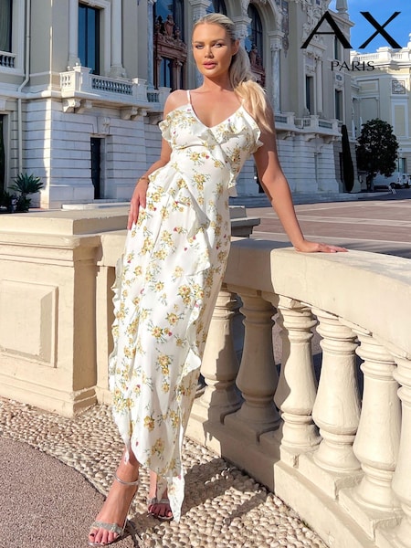AX Paris Cream Floral Printed Strappy Frill Hem Midi Dress (N72081) | 196 LEI