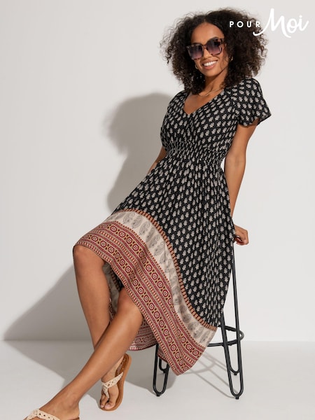 Pour Moi Black Border Print High Low Midaxi Beach Dress (N72086) | LEI 335