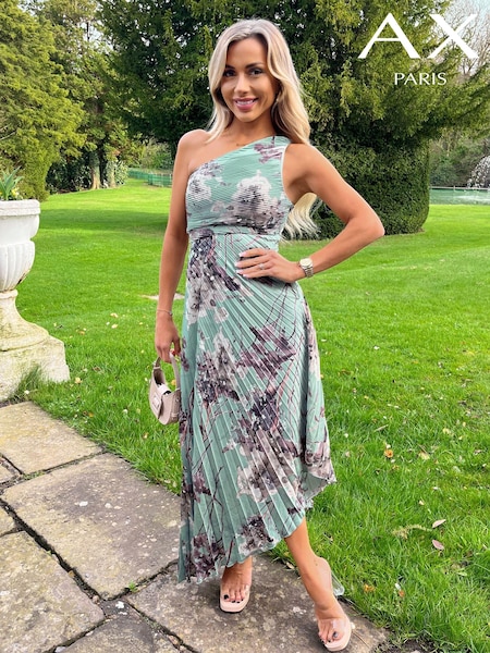 Duck Egg Blue Floral - AX Paris One Shoulder Cut Out Pleated Midi Dress (N72097) | 44 €