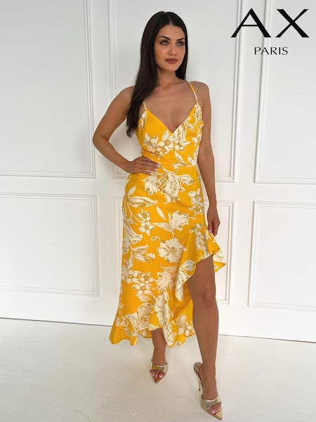 AX Paris Yellow Floral Printed Strappy High Low Frill Hem Midi Dress (N72105) | €33