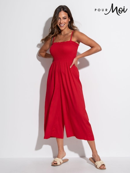 Pour Moi Red Strapless Shirred Bodice Crop Leg Beach Jumpsuit (N72118) | €32
