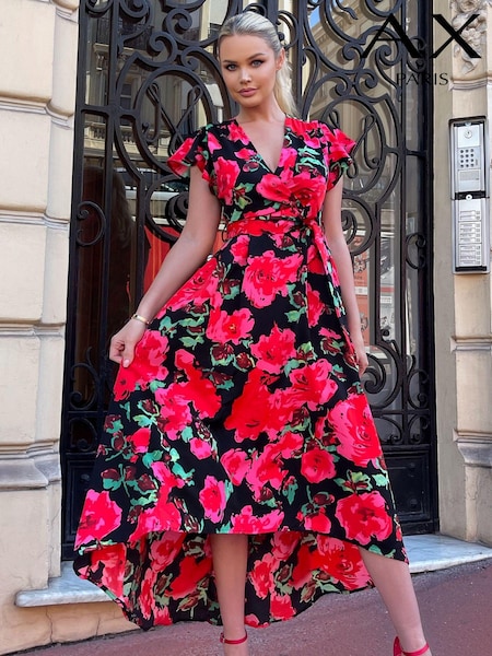 AX Paris Red Floral Print Short Sleeve Belted Wrap Midi Dress (N72119) | €38