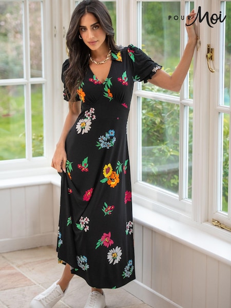 Negru - Pour Moi Delphi V-Neck Slinky Stretch Midaxi Dress (N72141) | 287 LEI