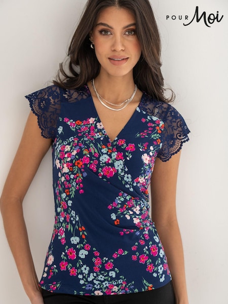 Pour Moi Purple & Blue Julie Fuller Bust Slinky Jersey Lace Trim Wrap Top (N72147) | €46